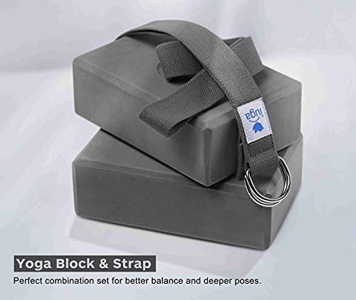 IUGA Yoga Blocks 2 Pack With Strap Non Slip High Density 9"x6"x3" Solid & Cork Yoga Block With Yoga Strap to Improve Stren...