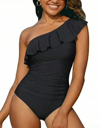Hilor Women's One Piece Swimsuit One Shoulder Ruffle Tummy Control Bathing Suit Modest Slimming Swimwear Flattering Monokini