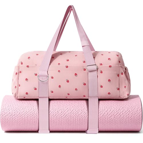 Hihealer Strawberry Gym Bag for Women & Girls, Corduroy Yoga Mat Bag with Holder, Large Capacity Dance Duffel Bag for Pila...
