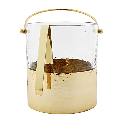 Mud Pie Gold Ice Bucket and Tongs Set, bucket 8 1/2" x 7 1/2" dia | tongs 6 1/2"