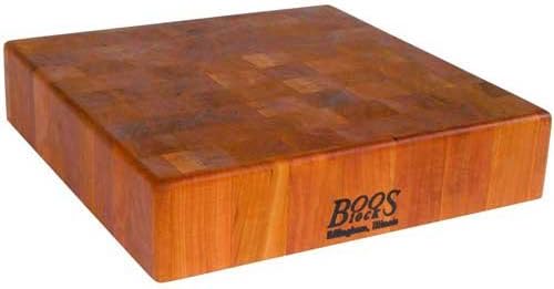 John Boos CCB Series Square Wooden Cherry Cutting Board 14”x14” – 3” Thick, 12-lb Reversible Butcher Block with End-Grain & Finger Grips – Made in the USA