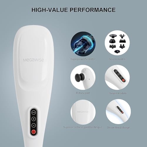 MEGAWISE Cordless Handheld Back Massager w/Rechargeable 3200mAh Battery, 5 Speed and 5 +2 Massage Nodes with Hard, Medium ...