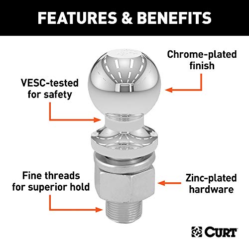 CURT 40037 Chrome Trailer Hitch Ball, 7,500 lbs, 2-Inch Diameter, 1 x 2-1/8-Inch Shank