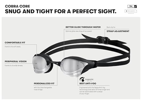 Arena Unisex Cobra Core Swipe Anti-Fog Racing Swim Goggles for Men and Women Polycarbonate Mirror/Non-Mirror Lens