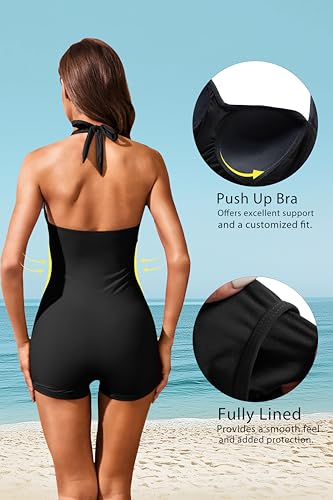 Tempt Me Women Tummy Control One Piece Swimsuits with Shorts Boyleg Retro Bathing Suit Halter Swimwear