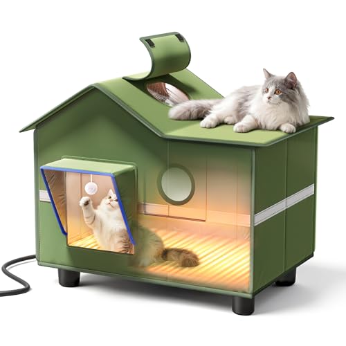 Heated Cat Shelter for Outside, Large Outdoor Cat House with Roof Window and Cozy Cushion, Weatherproof Foldable and Easy ...