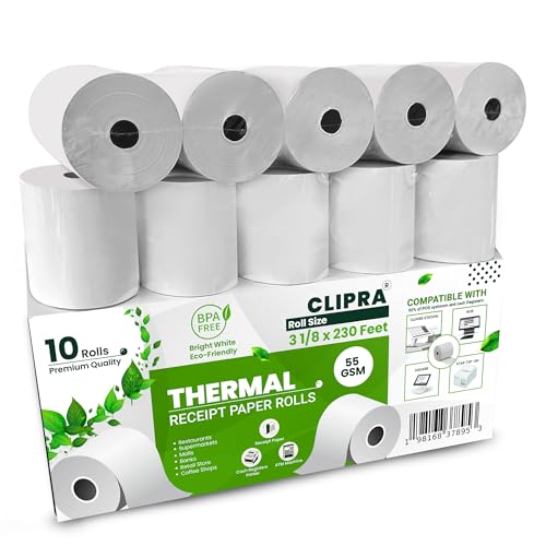 CLIPRA 3 1/8 x 230 Thermal Paper Receipt Rolls (10 PACK) [USA Based Brand] 55 GSM - Compatible with All POS Systems, Cash ...