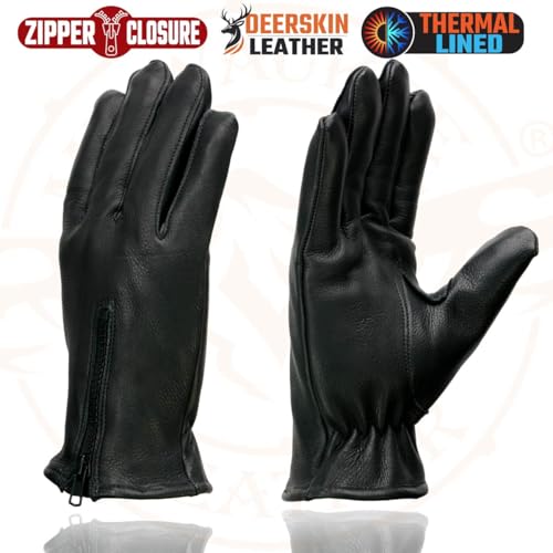 Milwaukee Leather SH866 Men's Thermal Lined USA Deerskin Leather Black Motorcycle Gloves w/Zipper Closure