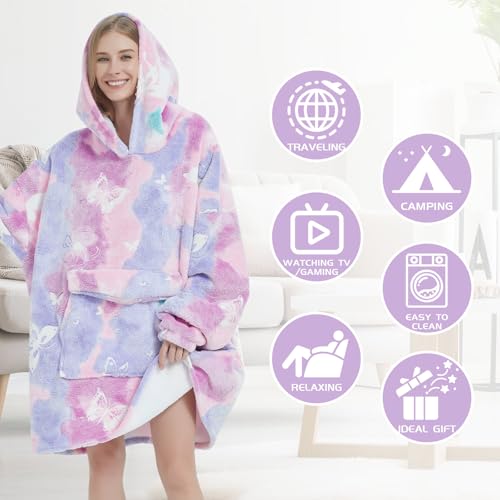 Glow in The Dark Butterfly Wearable Blanket Hoodie for Adult,Oversized Sherpa Fleece Blanket Hoodie for Women,Butterfly