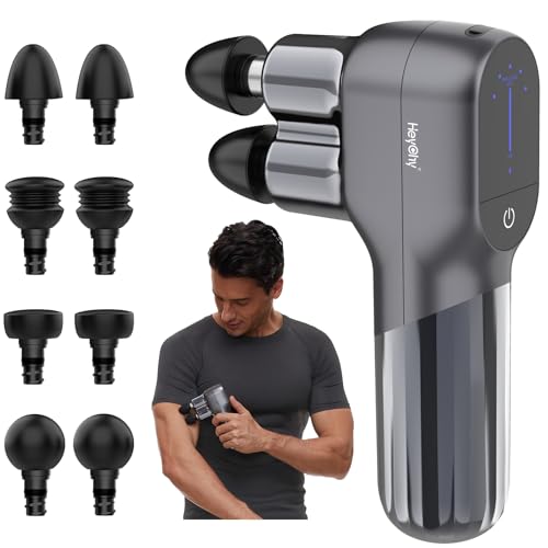 HEYCHY Mini Massage Gun - Deep Tissue Percussion Massager with Dual Heads, 5 Speed Levels & 4 Attachments, Portable Handhe...