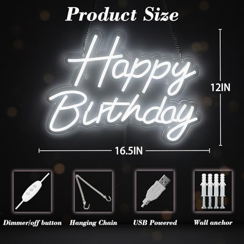 Happy Birthday Neon Sign for Backdrop, LED Happy Birthday Light Up Sign, USB Powered Dimmable Neon Light for Birthday Part...