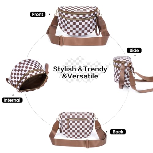 kuifang Checkered Bum Bag Crossbody Bag for Women, Spacious Purse Oversized Fanny Packs（Brown）