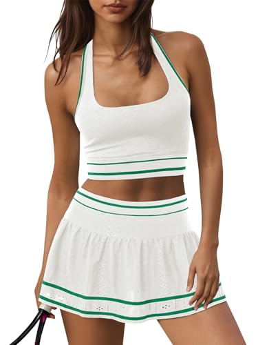 Fisoew Womens 2 Piece Tennis Skirt Sets Workout Set Halter Backless Sports Bra and Golf Skort Athletic Matching Outfits