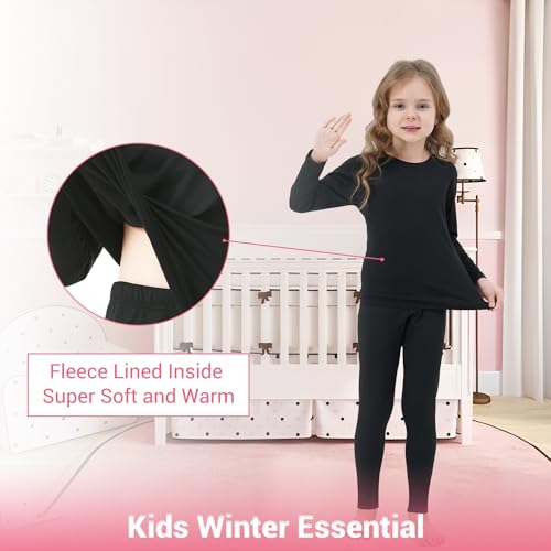 PISIQI Girls Thermal Underwear Set Ultra Soft Long Underwear for Kids Fleece Lined Winter Warm Base Layer Kids Long Johns Set