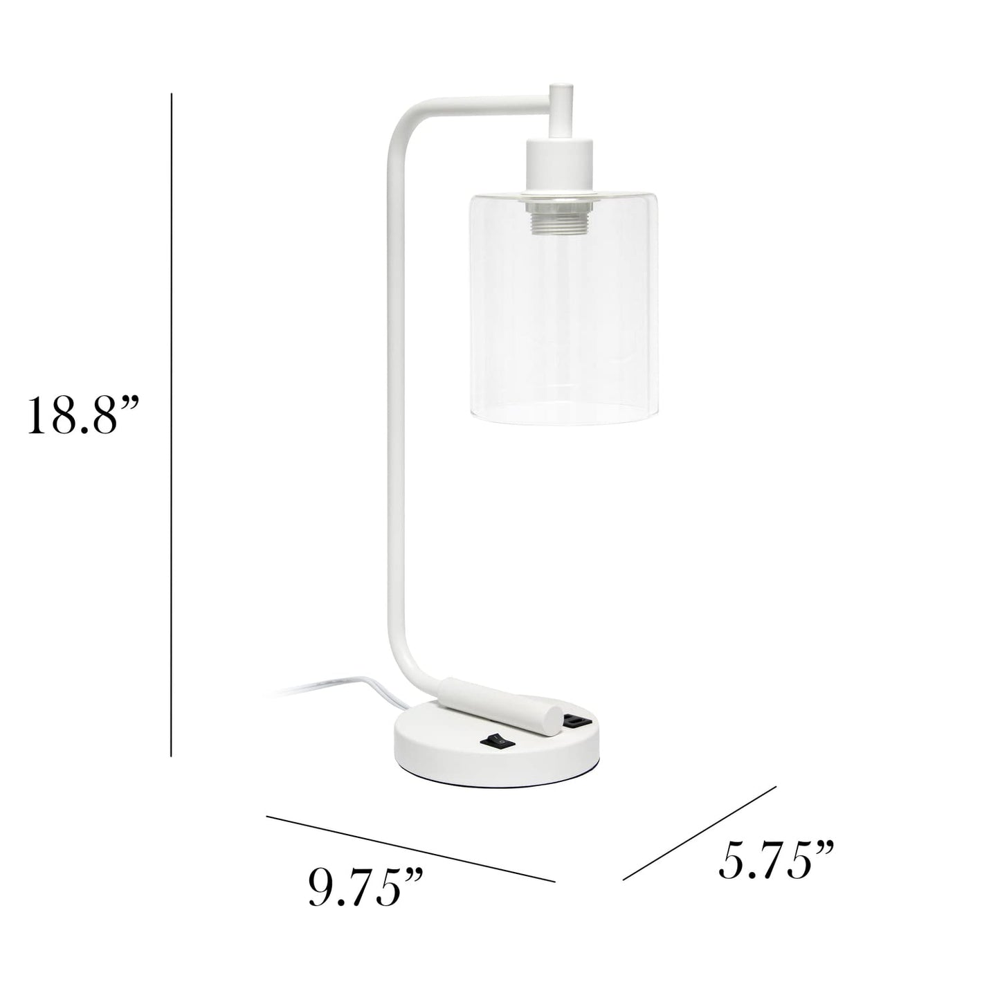 Simple Designs Bronson Industrial Iron Lantern Desk Lamp with Dual USB Ports, Glass Shade, White, Model LD1066-WHT