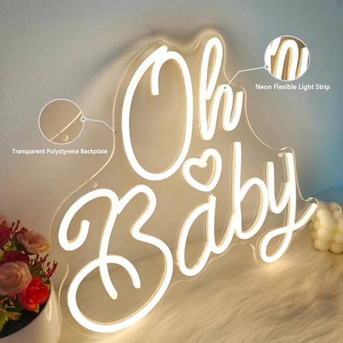 Oh Baby Neon Sign for Wall Decor, Baby Shower Neon Sign with Dimmer, Warm White Led Light for Bedroom Decor, Wall Decorati...
