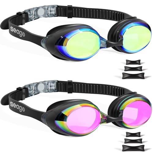 Seago 2 Pack Swimming Goggles Anti-fog Anti-UV Mirrored Swim Goggles Adult Women Men