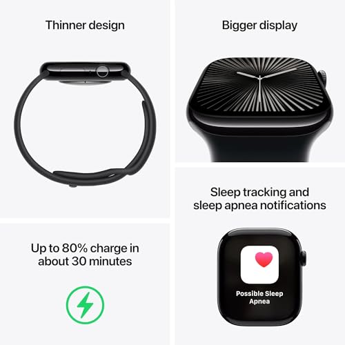 Apple Watch Series 10 [GPS + Cellular, 46mm] - Jet Black Aluminum Case with Black Sport Band, M/L (Renewed)