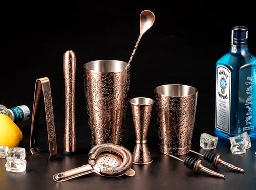 Sky Fish 3D Etched 18-Piece Bartender Kit Stainless Steel Boston Cocktail Shaker Set Copper Plated Bartending Tools Suit f...