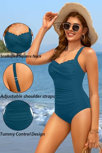 Daci One Piece Swimsuit for Women - Tummy Control Bathing Suit with Scalloped Square Neck Retro Swimwear 2026
