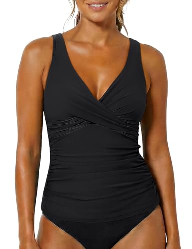 Firpearl Women Underwire Tankini Top Only Twist V Neck Swimsuits for Big Busted Ruched Tummy Control Bathing Suits Top