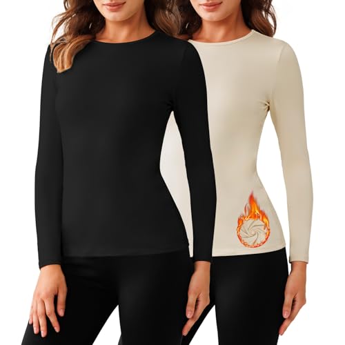 Bonneuitbebe Women's 2 Pack Long Sleeve Thermal Shirts Soft Crewneck Undershirt Tops Lightweight Base Layer Cold Weather