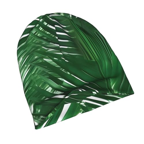 Green Palm Leaf Print Soft Beanie Hat for Men Women Warm Fashion Cap for Jogging Cycling Gift Outdoor Use