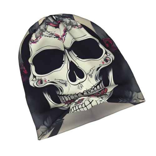 bnvaab Skull Yoga Print Beanie Hat for Men and Women Stretchy Slouchy Winter Warm Cap Headwear Accessory Black