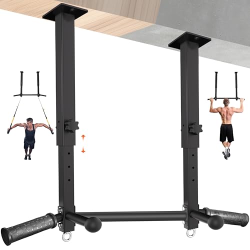 Upgraded-24" Ceiling Mount Pull Up Bar for Garage/Basement/Rafter - Heavy Duty 800LBS Adjustable Height Multi-Grip Chin Up...