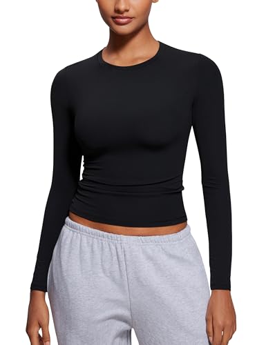 CRZ YOGA Softembrace Crewneck Long Sleeve Shirts for Women - Casual Going Out Tops Soft Basic Fitted Tight Fall T-Shirts