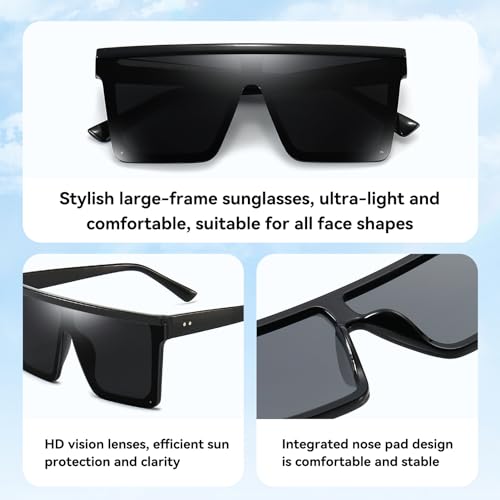 Dollger Square Oversized Sunglasses for Women Men Fashion Flat Top Big Black Frame Shades