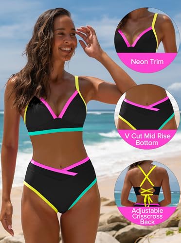 popvil High Waisted Bikini Sets for Women Neon Two Piece Swimsuit Sexy High Cut 2026 Bathing Suit