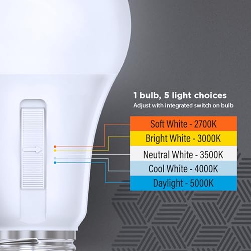 Feit Electric A21 LED Light Bulb, 100W Replacement, Dimmable, Selectable Color Temperatures (2700K-5000K), 1600 Lumens, Ge...
