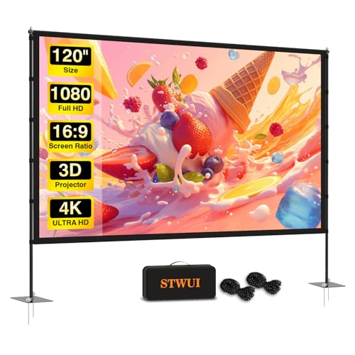 STWUI Outdoor-Projector-Screen-with-Stand - 120 inch Portable Projector Screen Indoor Outdoor Projector Screens 16:9 4K HD...