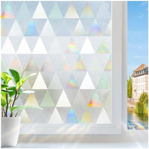 rabbitgoo Window Privacy Film, Stained Glass Rainbow Privacy Clings for Glass Window, Static Cling Decorative Door Covering, Non-Adhesive UV Blocking, Multicolored, 23.6 x 118.1 inches