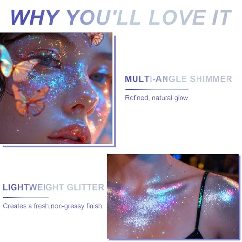 1PC Roll-on Holographic Body Glitter Gel for Body, Hair, Face, Chameleon Color Changing Glitter Gel Under Light, Chunky Me...