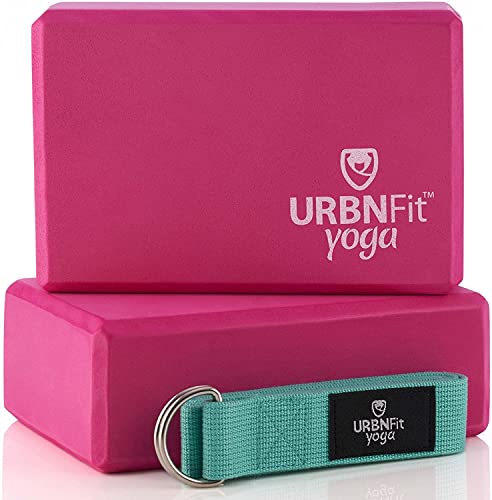 URBNFit Yoga Blocks 2 Pack - Sturdy Foam Yoga Block Set with Strap for Exercise, Pilates Workout, Stretching, Meditation, ...