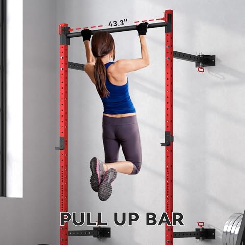 Soozier Folding Squat Rack with Adjustable Pull-Up Bar, 1000 Pounds Capacity Wall Mounted Power Rack, Adjustable Barbell R...