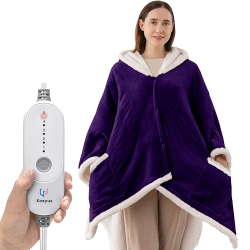 Kozyus Wearable Heated Throw Blanket, Heated Shawl Electric Wrap Poncho with Hood & Pockets for Women & Men, 5 Heat Settin...