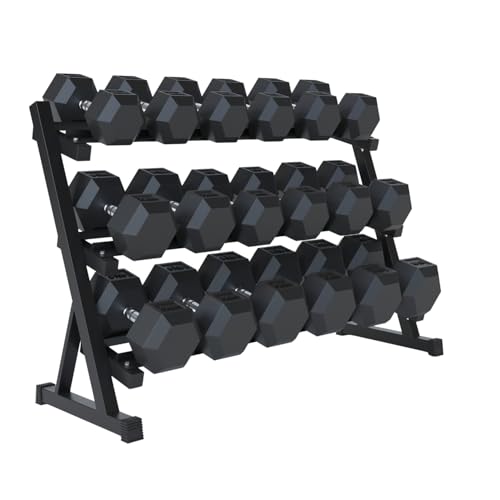 StrengthUSA Rubber Hex Dumbbell Set with Rack, 8/10/12/15/20 Pair (450/550/780/1200/1550/2100 lbs total) Weight Rack with ...