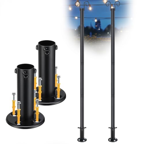 String Light Poles for Outside Deck 2 Pack 8FTHeavy Duty Metal Garden Outdoor Light Poles for Solar String Light Bulbs Han...