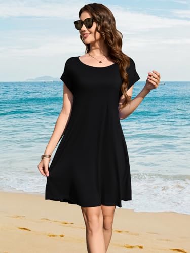 LARACE Plus Size Women Swimsuit Cover Up Cap Sleeve Summer Beach Coverups Loose Shirt Dress Swimwear Sundress with Pockets