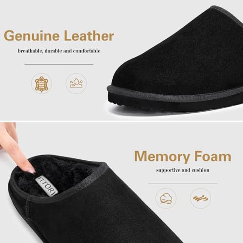FITORY Men’s Winter Genuine Leather Slippers, Comfy Memory Foam Suede Shoes with Warm Fleece-Lined for Indoor and Outdoor ...