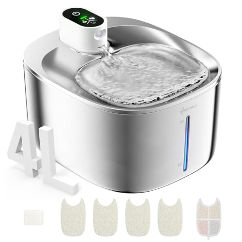 APD APETDOLA Wireless Cat Water Fountain Stainless Steel,135floz/4L Battery Operated Automatic Pet Fountain,Cordless Cat W...