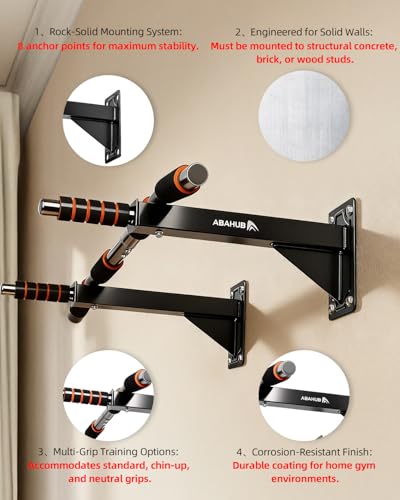 Abahub Wall Mounted Pull Up Bar, Multi-Grip Chin-Up Bar for Home Gym Workout, Drill-installed, Heavy-Duty & Stable Trainin...