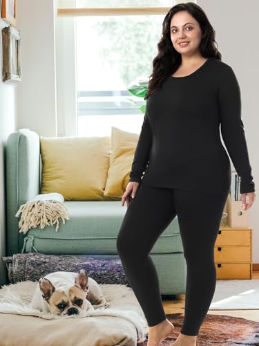 HOdo Plus Size Thermal Underwear Women Long Johns Fleece Lined Base Layer Top and Bottom Sets 1X-5X