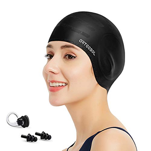 Silicone 3D Ear Protection Swim Cap - Latex-Free Non-Slip Waterproof for Long Hair/Thin Braids, Chlorine Resistant Tear-Re...