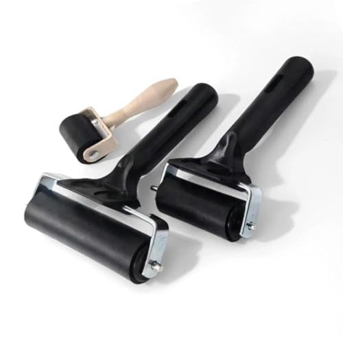 3-Pack Hard Rubber Brayer Rollers, 1.4/2.4/4 Inch for Printmaking, Ink Stamping, Gluing, Wallpaper, Anti-Skid Tape Applica...