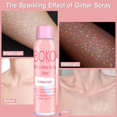 Boko Body Glitter Spray, 120ML Holographic Silver Shiny Glitter Spray for Body Hair Clothes, Quick-Drying and Long-Lasting...