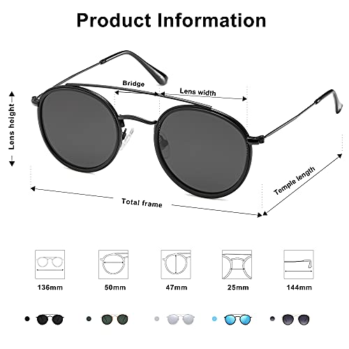 SOJOS Retro Vintage Round Polarized Sunglasses for Women Men Small Double Bridge Circle Sunnies SJ1104